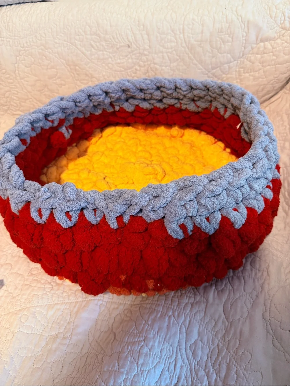 Handmade Plush Basket with Handle - Flame themed with Red, Orange, Yellow & Blue